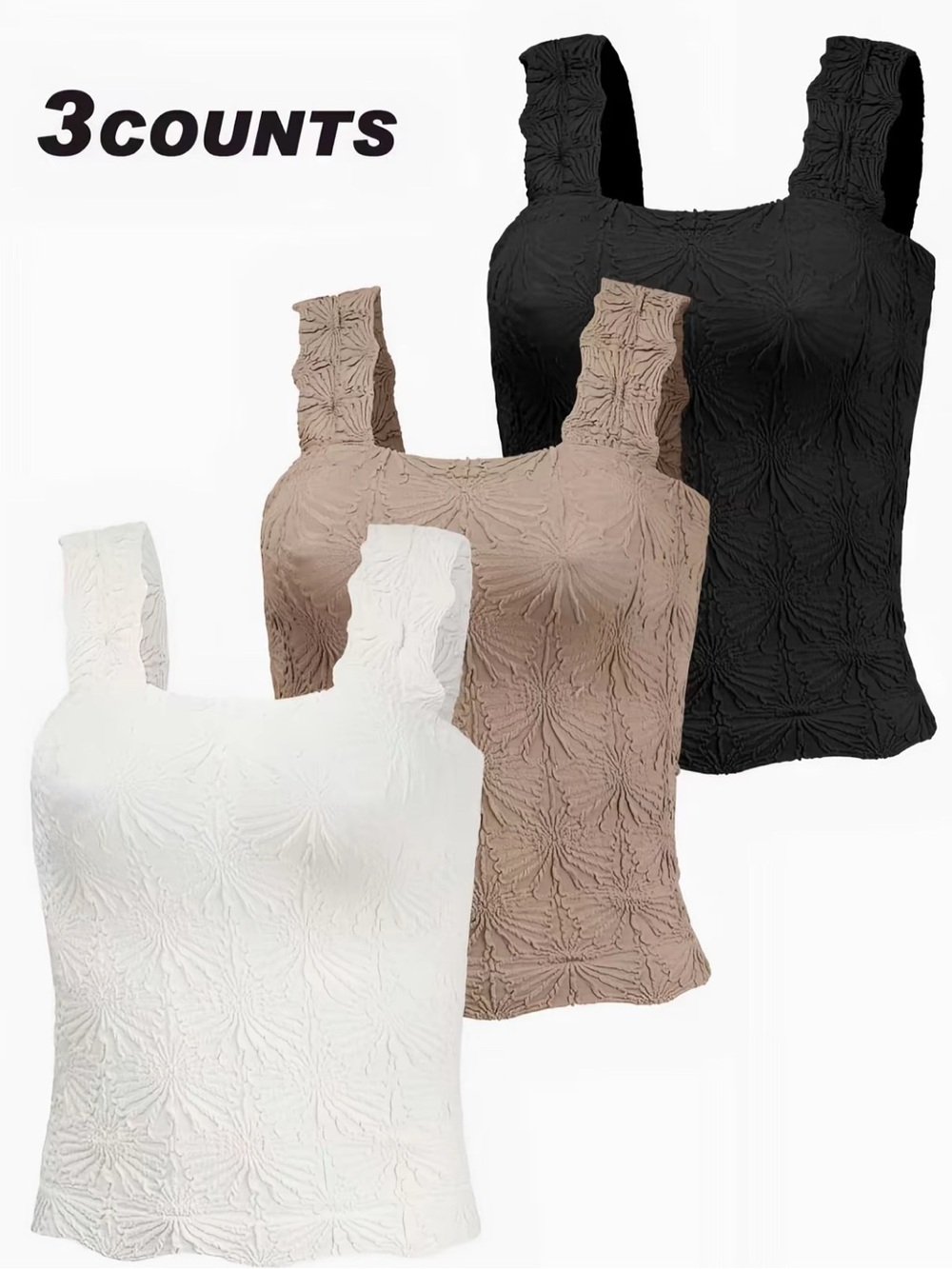 NWOT 3-Pack Women’s Textured Square Neck Tank Tops - White, Taupe, Black